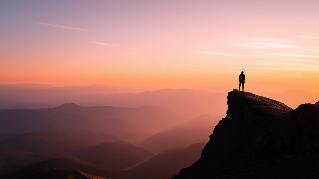 A lone figure standing atop a mountain cliff observing the serene sunrise or sunset.