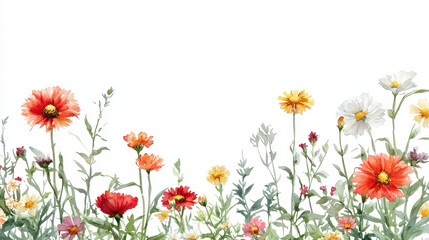Fototapeta premium Watercolor botanical illustration of vibrant flowers in various colors, showcasing nature beauty and tranquility