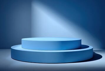 Blue spotlight on circular podium stage.