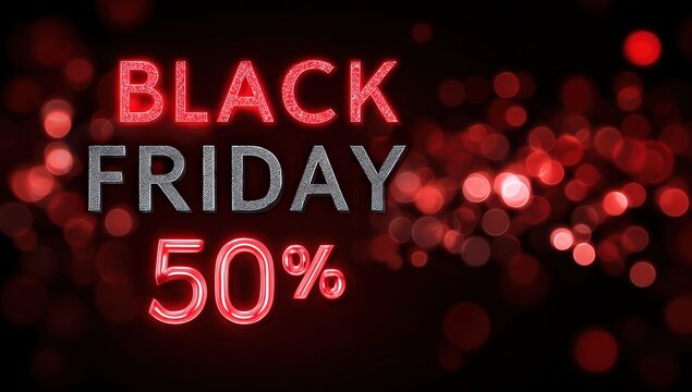 Black Friday sale banner with 50% discount, red bokeh background.