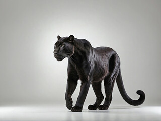 A side-profile full-body image of a panther standing calmly