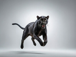 A full-body action shot of a panther leaping through the air