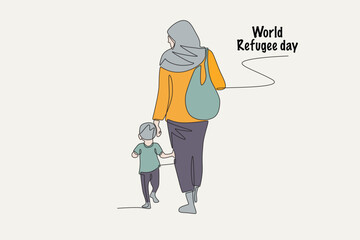 Colored refugees bring their children. World refugee day concept one-line drawing