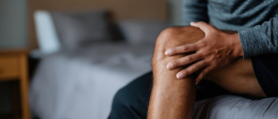 Adult African American man sitting on bed indoors, holding his painful knee Concept of knee pain, injury, arthritis, joint pain, and healthcare