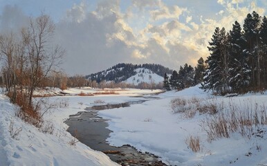 Fototapeta premium Peaceful winter landscape with a partially frozen river flowing through snow-covered terrain, surrounded by leafless and evergreen trees under a cloudy sky at dusk