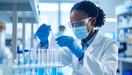 Fototapeta premium Scientist in Lab: A focused female scientist meticulously examines a test tube in a modern laboratory setting, showcasing dedication and precision in scientific research.