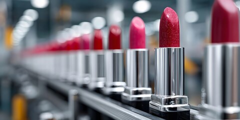 Lipstick production line: red and pink lipsticks in silver tubes move on conveyor. Shallow depth of field blurs factory background. Industrial lighting illuminates this cosmetic manufacturing.