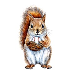 Fototapeta premium Adorable Squirrel Holding a Baseball in a Mitt. This charming illustration is perfect for sports fans and animal lovers alike.