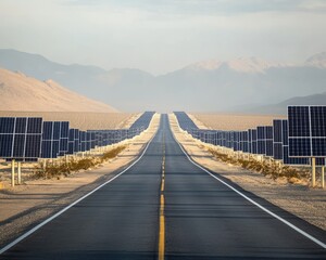 Vast desert highway with solar panels stretching into haze