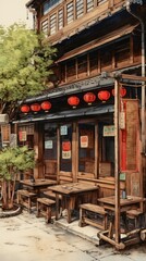 Fototapeta premium Illustration of restaurant wood architecture outdoors.