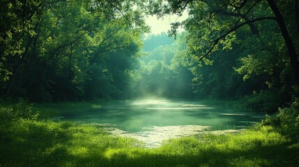 Obraz premium Lush forest landscape bathed in morning light.