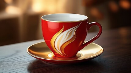 Obraz premium A vibrant red teacup with gold and white leaf design placed on a matching gold saucer on a wooden surface with warm blurred background lighting