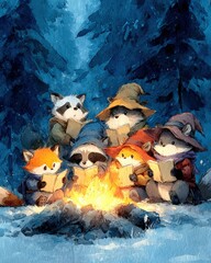 Cute Animal Friends Reading Around Campfire