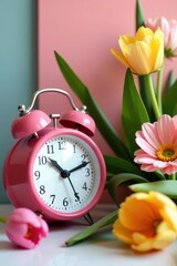 Bright spring flowers beside a retro alarm clock Daylight saving time , sun, white