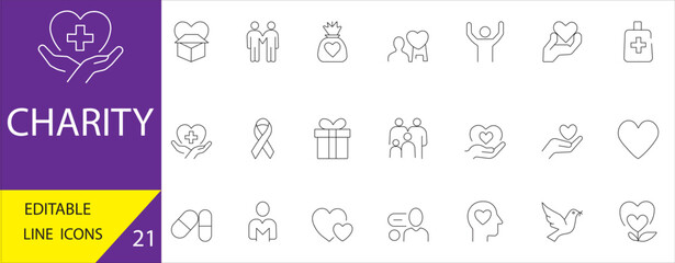 Charity icon set. Editable line icons representing generosity, donations, support, healthcare, community, and compassion. Perfect for nonprofit, fundraising, and social causes.