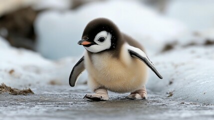 Adorable baby penguin taking its first steps on icy ground