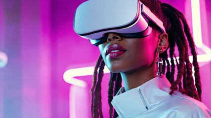 Immersed in Virtual Reality: A captivating person wearing a sleek VR headset in a vibrant, neon-lit environment, embodying the future of technology and interactive experiences.