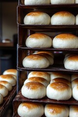 Freshly baked golden brown bread rolls neatly arranged on metal racks in a bakery setting, showcasing their soft texture and appetizing appearance