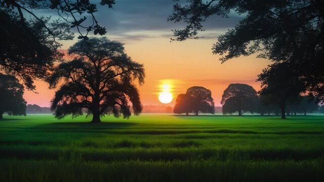 Countryside landscape showcasing trees, forests, fields, and the skyline with a stunning color gradient in the sky ranging from orange to blue to pink