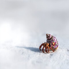 A Vibrant Hermit Crab in a Decorated Shell on a White Sandy Beach.
