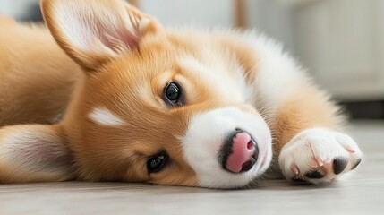 Adorable puppy lying on floor, tongue out.  Close-up, soft focus