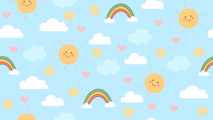 Fototapeta premium Happy Sky Pattern with Suns, Rainbows, and Hearts. Cute seamless sky pattern with smiling suns, clouds, rainbows, hearts, and stars on a blue background for kids and baby themes.