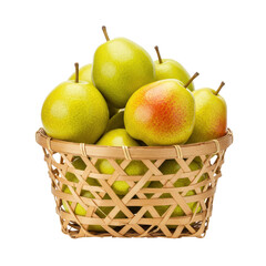 Fresh green pears in a woven basket, showcasing vibrant colors against a white background