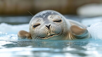 Adorable seal pup resting on ice floe.  Gentle, content expression.  Soft gray fur, delicate features