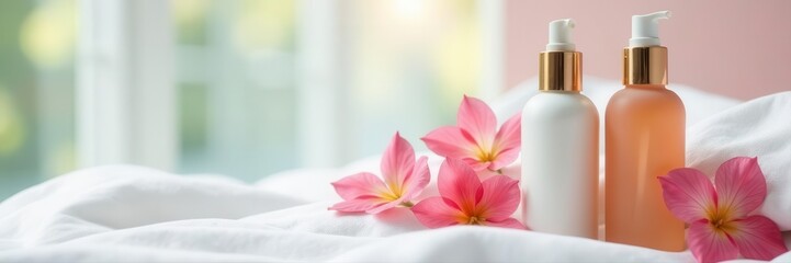 Luxurious beauty products displayed on pure white linens , pampering, rose gold, photography
