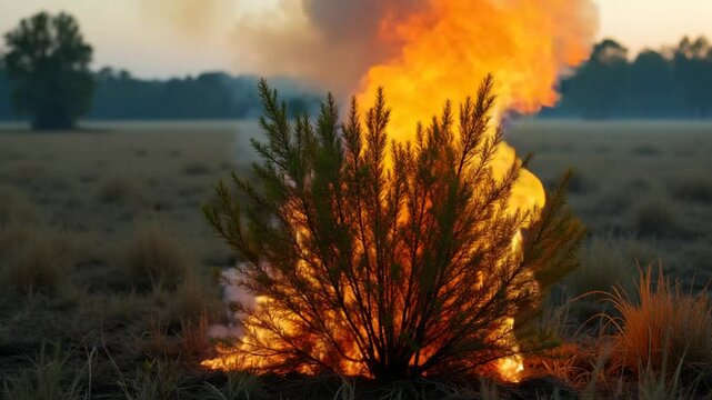 Burning green bush near field cause open fire.