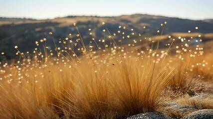 Golden hour light illuminates delicate seed heads on tall grass, with blurred hills - Powered by Adobe