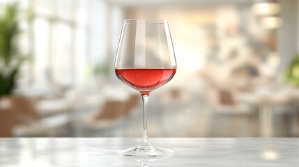 At a bar, a low angle shot captures a filled wine glass containing dark red wine, set against a blurry backdrop