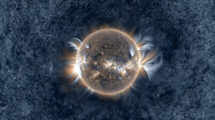 UV-Darstellung der Sonne mit sichtbaren Magnetfeldbögen 