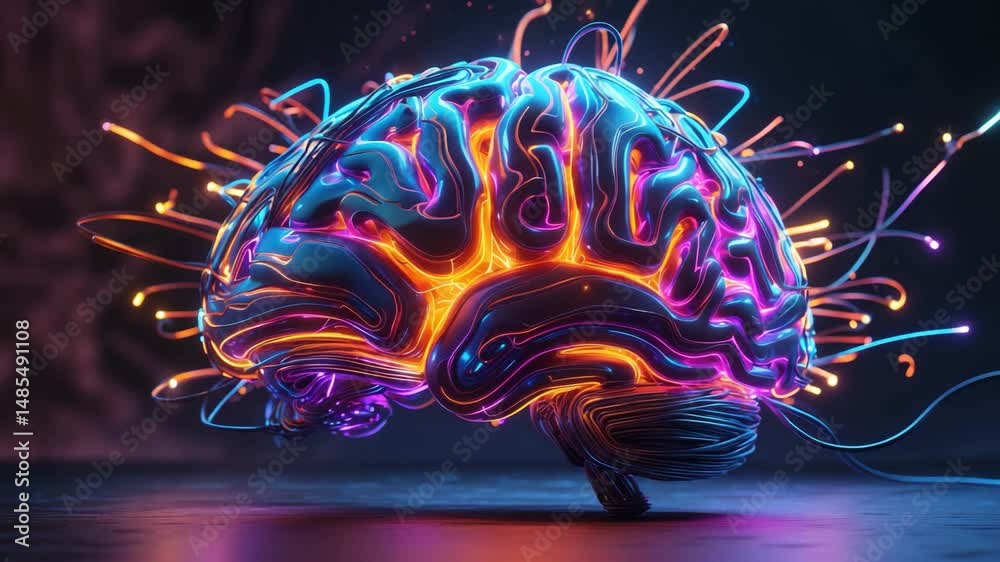 Poster dark background with circuit brain sketch. ai and ambition concept. ai rendering