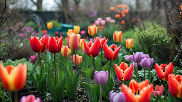 Lively tulips in spring, mixed with different plants, shrubs, and greenery in a somewhat disordered, overgrown garden.