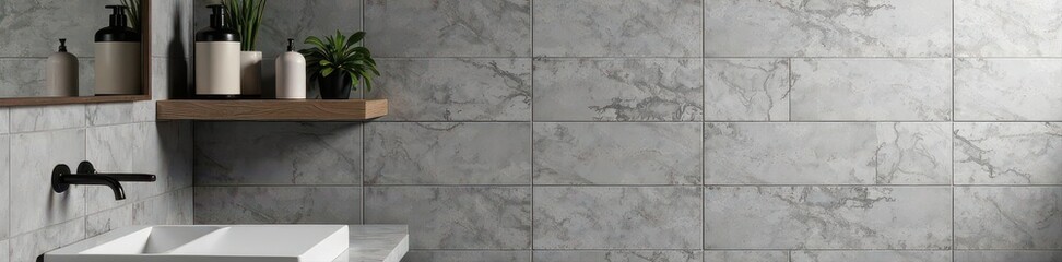 Rustic grey tiles, wall-mounted shelf, bath products, grey, conditioner, organization