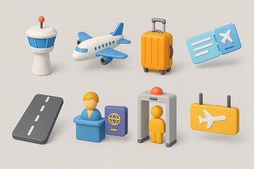 Obraz premium Airport travel 3d icon set with airplane, suitcase, and boarding pass symbols