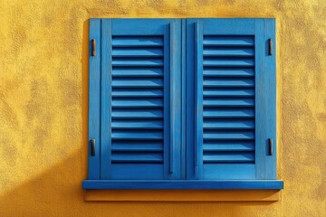 Fototapeta premium Closed blue wooden shutters on a textured bright yellow wall casting subtle shadows in natural light