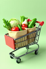Miniature shopping cart full of fresh vegetables.