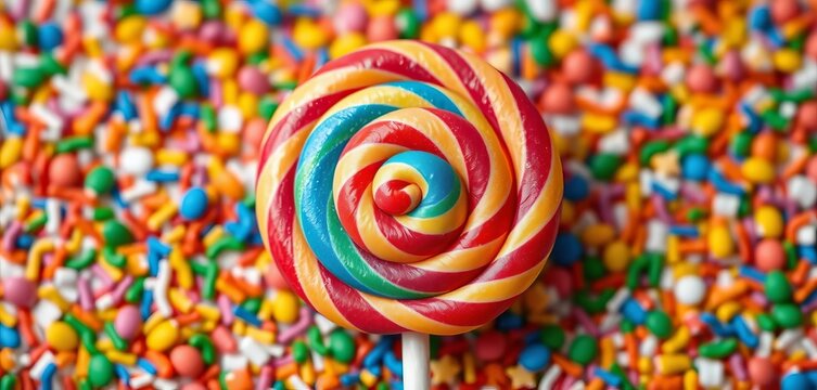 Vibrant rainbow lollipop, sprinkles, colorful background, whimsical candy , confectionery, fun