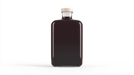 A glass bottle with a wooden stopper is sitting on a white background