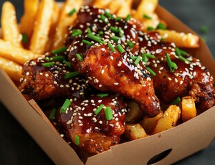 Crispy fried chicken wings, glazed with dark sauce, and served with french fries, sprinkled with sesame seeds and chives, in a cardboard box