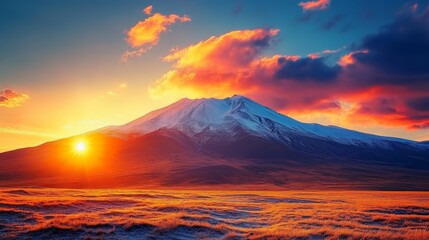 The mountain sunrise over Mount Kailash is set against a backdrop of a colorful autumn sky silhouette