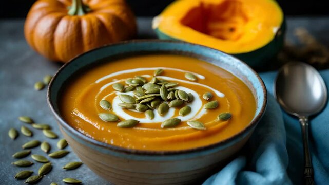 Classic pumpkin soup featuring a creamy, smooth texture garnished with seeds. This soup is usually a 'bound' (thick) variety made from puree and can be served hot or cold.