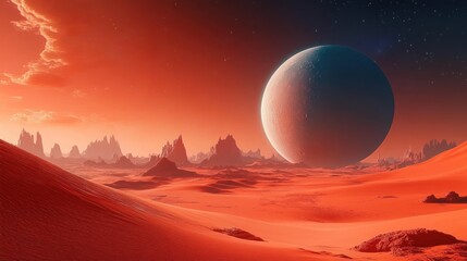 Surreal alien desert landscape with towering red dunes and rocky peaks under an enormous blue moon in a glowing orange sky filled with stars