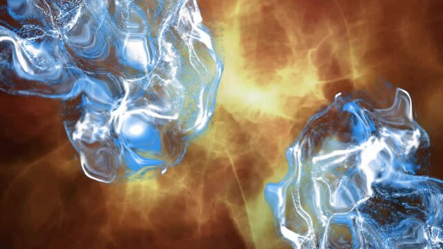 Translucent blue fluid shapes floating in cosmic 3D render with brown orange nebula backdrop