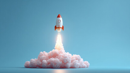 Small red and white rocket launches into sky, leaving trail of pink smoke against clear blue background, symbolizing innovation and exploration