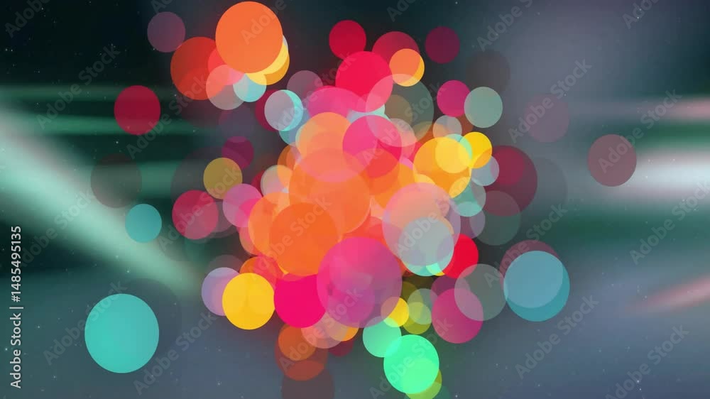 Poster flat design central circle cluster moving over gradient backdrop adding vibrant bokeh motion
