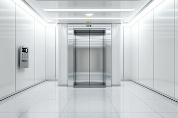 Modern, clean, empty hallway with shiny tiled floor and closed stainless steel elevator doors under bright white lighting
