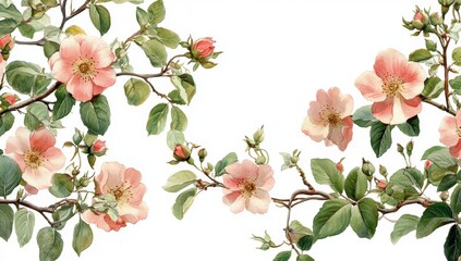 Fototapeta premium Delicate roses and leaves, illustrated in watercolor, create a repeating summer pattern perfect for textiles and botanical designs